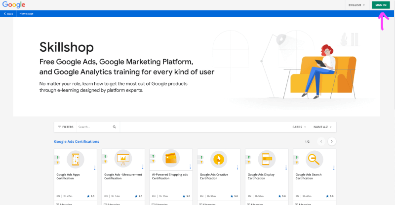 Google Skillshop 登入畫面，準備開始 GA4 認證學習