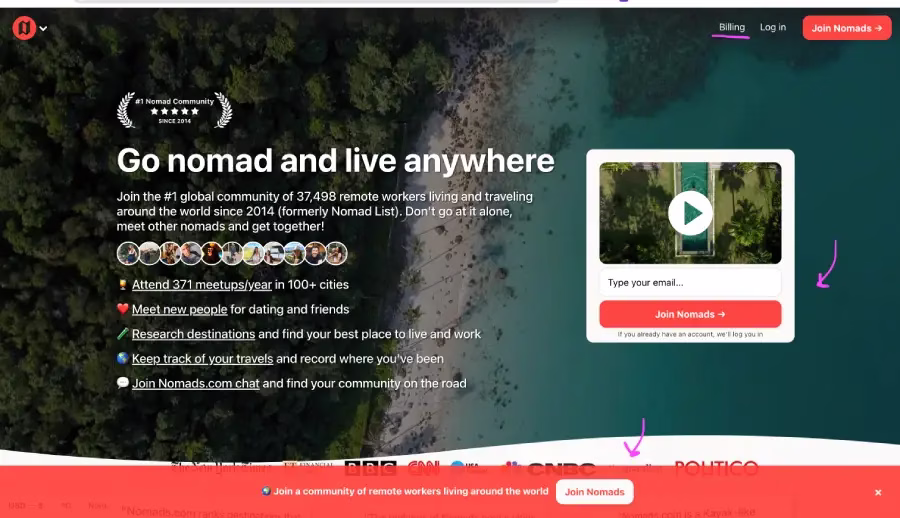 Nomad List 首頁介面，顯示數位遊牧者可註冊加入全球社群，同時右上角標示 Billing 付費選項，說明平台為訂閱制服務 - 吉莉數位遊牧中LUCKY NOMADS