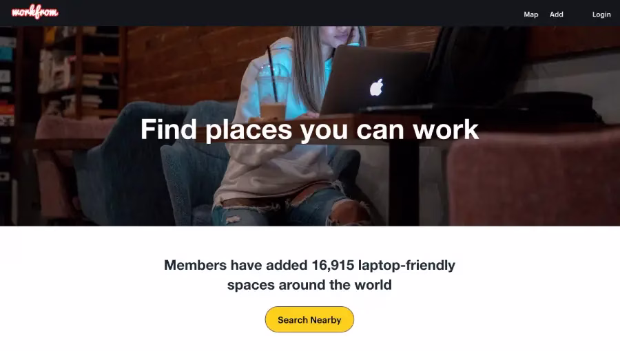 Workfrom 平台首頁介面，標語為 Find places you can work，提供數位遊牧者搜尋適合筆電工作的咖啡廳與公共空間 - 吉莉數位遊牧中LUCKY NOMADS